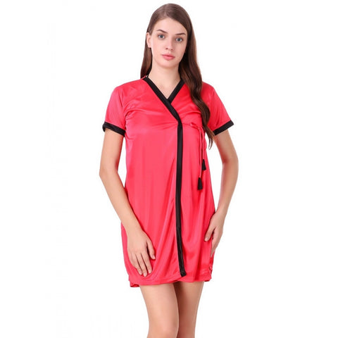 Women's Satin Short Wrap Gown with Half Sleeve(Color: Coral Red and Black, Neck Type: V Neck)