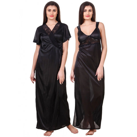 Women's Satin 2 PCs Set of Nighty And Wrap Gown with Half Sleeve(Color: Black, Neck Type: Sweatheart Neck)