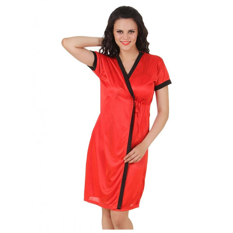 Women's Satin Short Wrap Gown with Half Sleeve(Color: Red, Neck Type: V Neck)