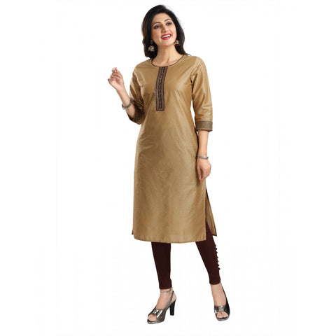 Generic Women's 3/4th Sleeve Silk Blend Tunic Long Kurti (Beige)