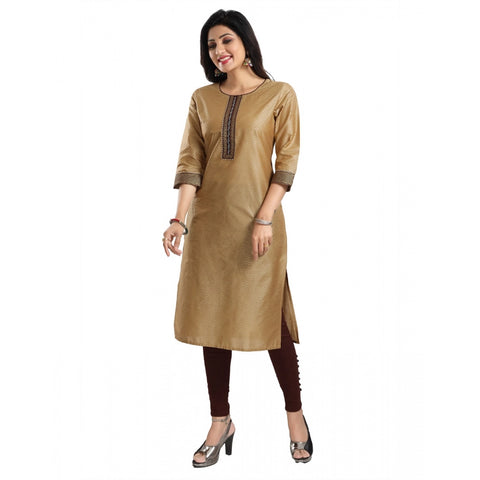 Generic Women's 3/4th Sleeve Silk Blend Tunic Long Kurti (Beige)