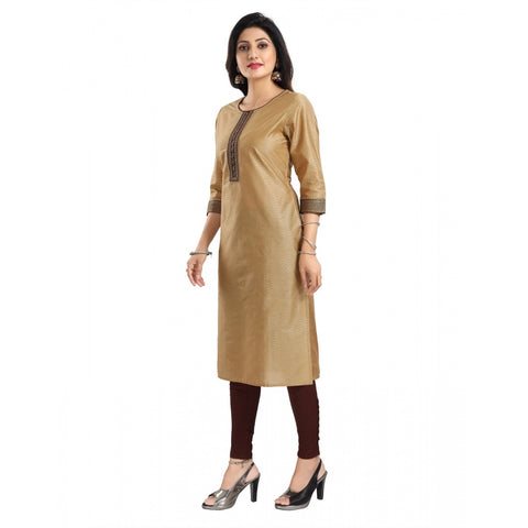 Generic Women's 3/4th Sleeve Silk Blend Tunic Long Kurti (Beige)