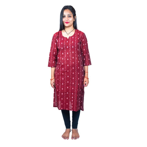 Generic Women's Sambalpuri Certified Handloom Pure Cotton Straight Kurti (Maroon)