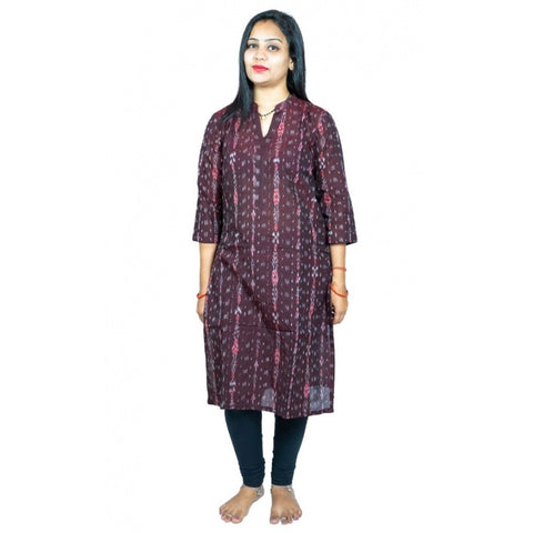 Generic Women's Sambalpuri Certified Handloom Pure Cotton Straight Kurti (Brown)