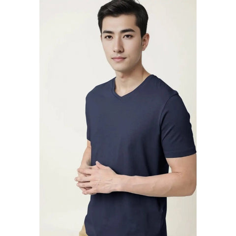 Generic Men's Casual Half sleeve Solid Cotton V Neck T-shirt (Navy)