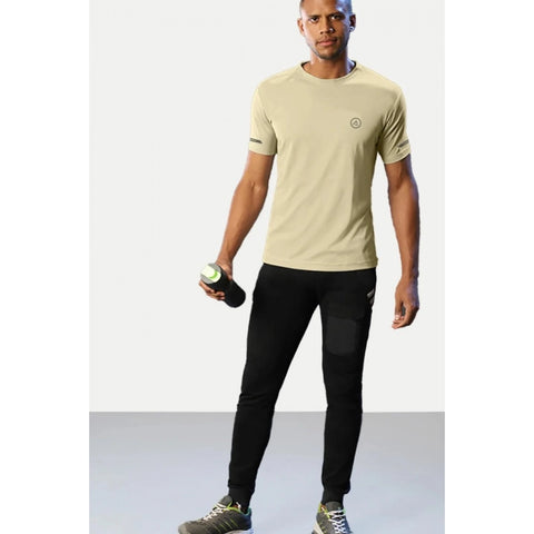 Generic Men's Casual Half sleeve Solid Polyester Crew Neck T-shirt (Sand)