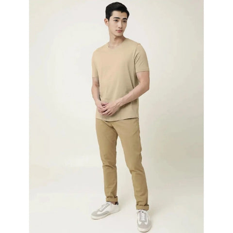 Generic Men's Casual Half sleeve Solid Cotton V Neck T-shirt (Beige)