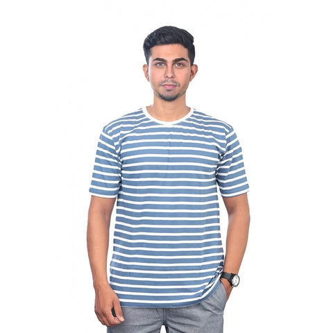 Generic Men's Casual Half sleeve Stripped Cotton Crew Neck T-shirt (Blue)