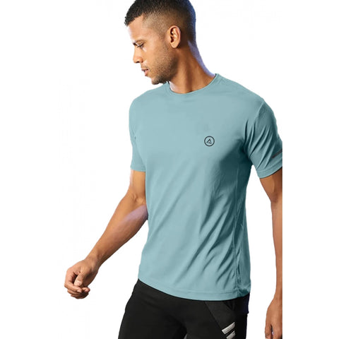 Generic Men's Casual Half sleeve Solid Polyester Crew Neck T-shirt (Turquoise Blue)