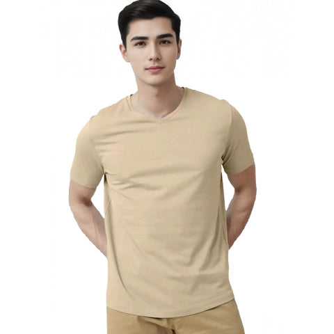 Generic Men's Casual Half sleeve Solid Cotton V Neck T-shirt (Beige)