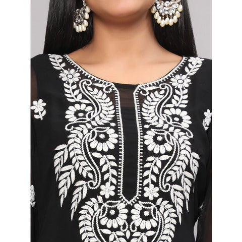 Generic Women's Casual 3/4th Sleeve Embroidered Georgette Kurti (Black)