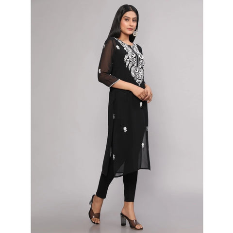 Generic Women's Casual 3/4th Sleeve Embroidered Georgette Kurti (Black)