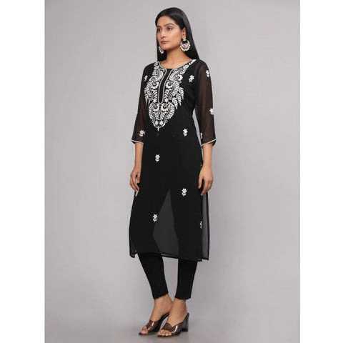 Generic Women's Casual 3/4th Sleeve Embroidered Georgette Kurti (Black)