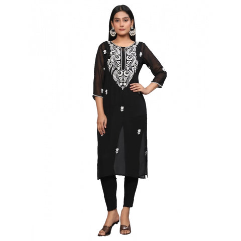 Generic Women's Casual 3/4th Sleeve Embroidered Georgette Kurti (Black)