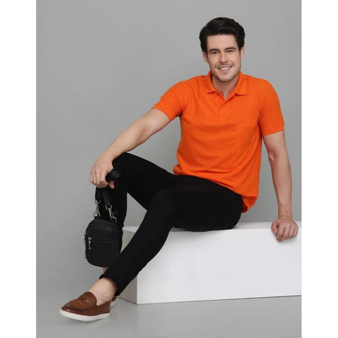 Generic Men's Casual Half Sleeve Solid Cotton Blended Polo Neck T-shirt (Orange)