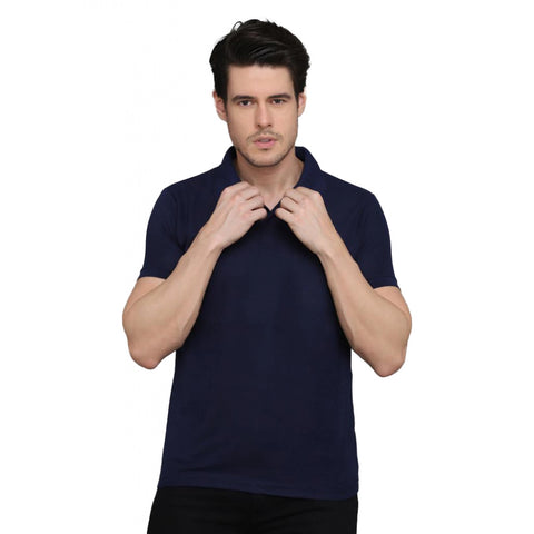 Generic Men's Casual Half Sleeve Solid Cotton Blended Polo Neck T-shirt (Navy Blue)