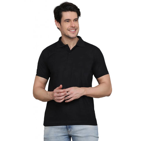 Generic Men's Casual Half Sleeve Solid Cotton Blended Polo Neck T-shirt (Black)