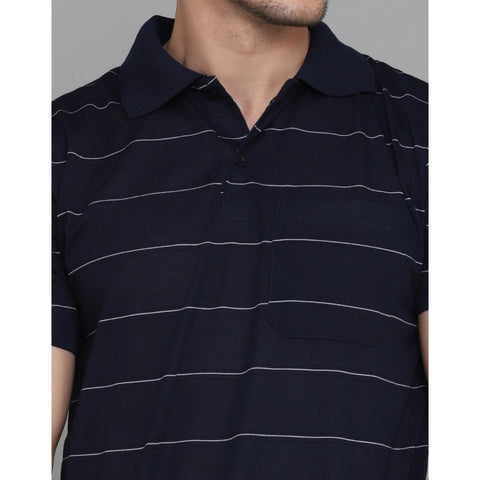 Generic Men's Casual Half Sleeve Striped Cotton Blended Polo Neck T-shirt (Navy)