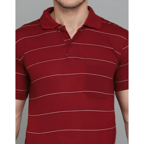 Generic Men's Casual Half Sleeve Striped Cotton Blended Polo Neck T-shirt (Maroon)