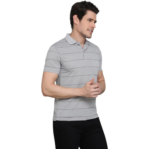 Generic Men's Casual Half Sleeve Striped Cotton Blended Polo Neck T-shirt (L.Grey)