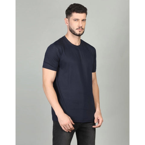 Generic Men's Casual Half Sleeve Solid Cotton Blended Round Neck T-shirt (Dark Blue)