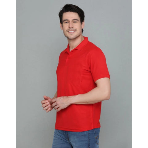 Generic Men's Casual Half Sleeve Solid Cotton Blended Polo Neck T-shirt (Red)