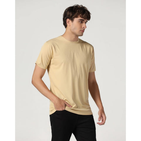 Generic Men's Casual Half Sleeve Solid Polyester Round Neck T-shirt (Beige)