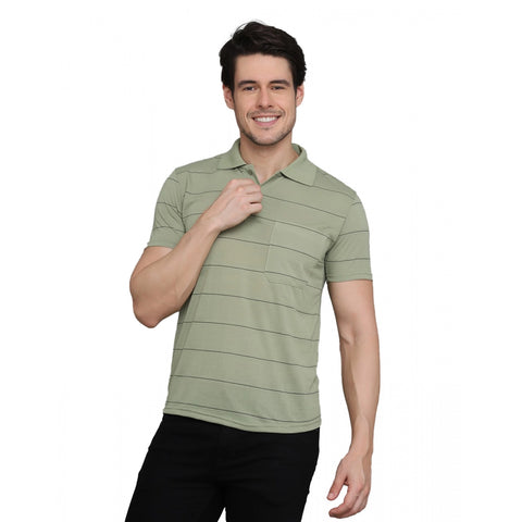 Generic Men's Casual Half Sleeve Striped Cotton Blended Polo Neck T-shirt (L.Green)