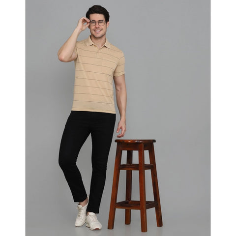 Generic Men's Casual Half Sleeve Striped Cotton Blended Polo Neck T-shirt (L.Beige)