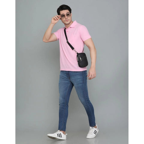 Generic Men's Casual Half Sleeve Solid Cotton Blended Polo Neck T-shirt (Pink)