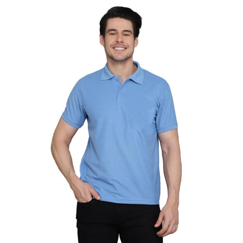 Generic Men's Casual Half Sleeve Solid Cotton Blended Polo Neck T-shirt (Blue)