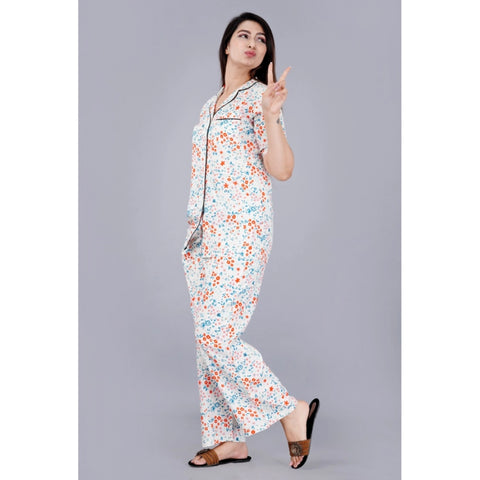 Generic Women's Casual Half Sleeve Printed Viscose Rayon Shirt With Pyjama Pant Night Suit Set (White)