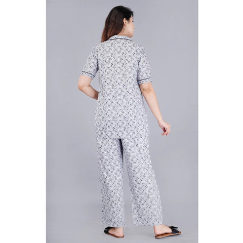 Generic Women's Casual Half Sleeve Printed Viscose Rayon Shirt With Pyjama Pant Night Suit Set (Grey)