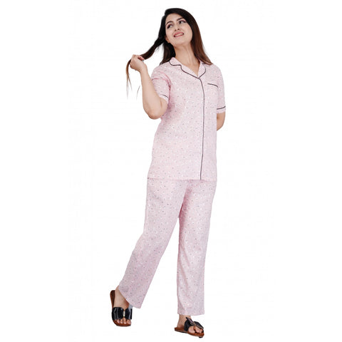 Generic Women's Casual Half Sleeve Printed Viscose Rayon Shirt With Pyjama Pant Night Suit Set (Pink)