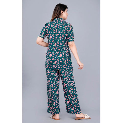 Generic Women's Casual Half Sleeve Printed Viscose Rayon Shirt With Pyjama Pant Night Suit Set (Teal)