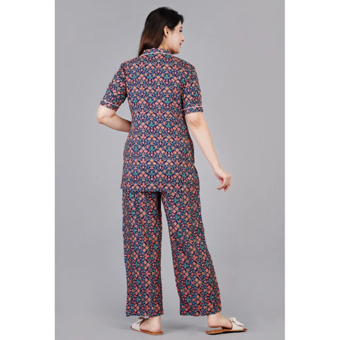 Generic Women's Casual Half Sleeve Printed Viscose Rayon Shirt With Pyjama Pant Night Suit Set (Blue)