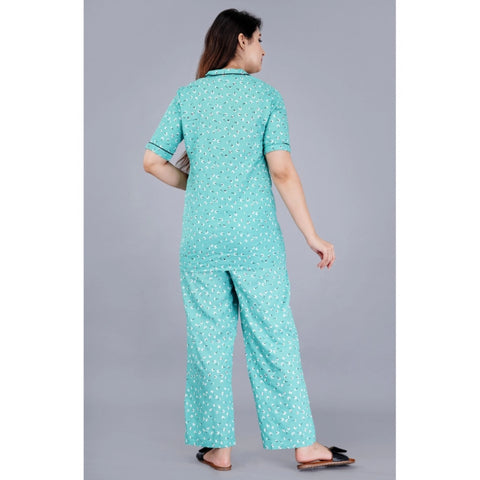 Generic Women's Casual Half Sleeve Printed Viscose Rayon Shirt With Pyjama Pant Night Suit Set (Green)