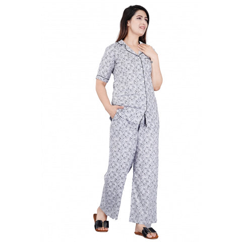 Generic Women's Casual Half Sleeve Printed Viscose Rayon Shirt With Pyjama Pant Night Suit Set (Grey)