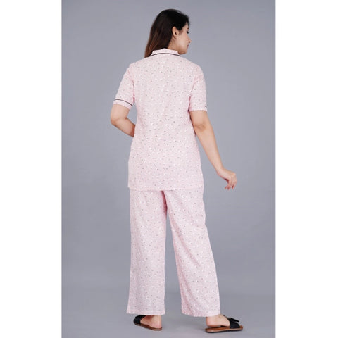 Generic Women's Casual Half Sleeve Printed Viscose Rayon Shirt With Pyjama Pant Night Suit Set (Pink)