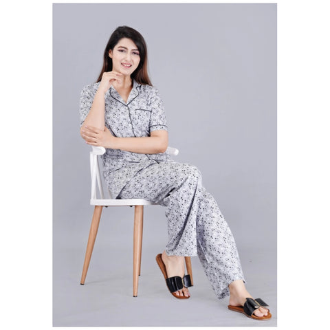 Generic Women's Casual Half Sleeve Printed Viscose Rayon Shirt With Pyjama Pant Night Suit Set (Grey)