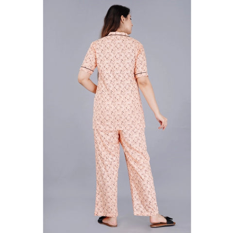 Generic Women's Casual Half Sleeve Printed Viscose Rayon Shirt With Pyjama Pant Night Suit Set (Peach)