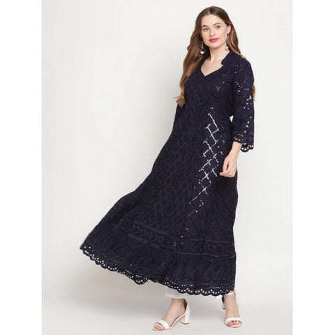 Generic Women's Casual 3/4th Sleeve Embroidered Cotton Kurti (Navy Blue)