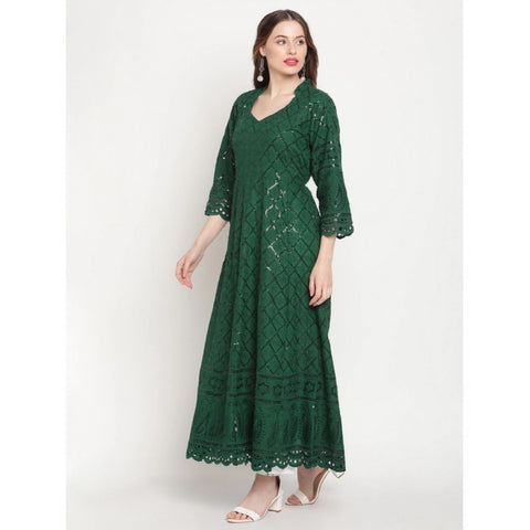 Generic Women's Casual 3/4th Sleeve Embroidered Cotton Kurti (Dark Green)