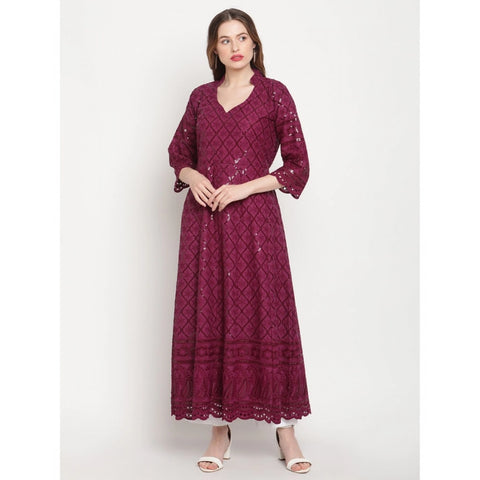 Generic Women's Casual 3/4th Sleeve Embroidered Cotton Kurti (Purple)