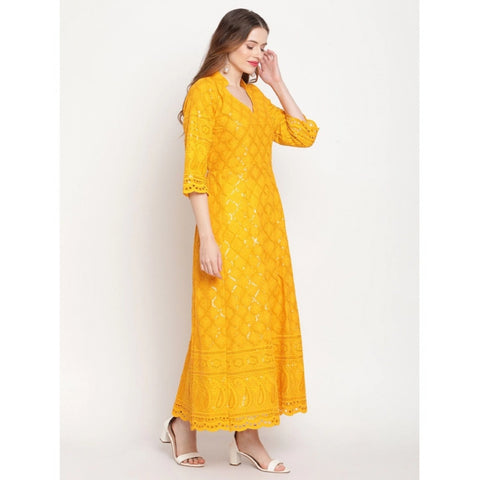 Generic Women's Casual 3/4th Sleeve Embroidered Cotton Kurti (Mustard)