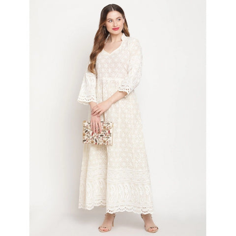 Generic Women's Casual 3/4th Sleeve Embroidered Cotton Kurti (White)