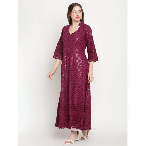 Generic Women's Casual 3/4th Sleeve Embroidered Cotton Kurti (Purple)