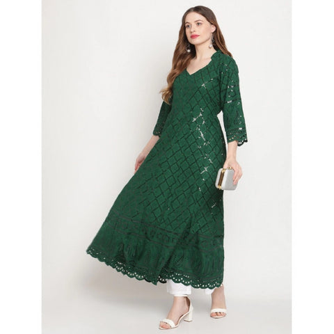 Generic Women's Casual 3/4th Sleeve Embroidered Cotton Kurti (Dark Green)