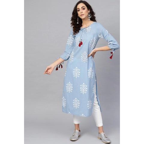 Generic Women's Casual 3/4 th Sleeve Embroidery Cambric Cotton Kurti (Blue)