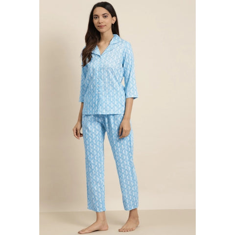 Generic Women's Casual 3/4 th Sleeve Floral Printed Rayon Shirt With Pyjama Pant Night Suit Set (Blue)